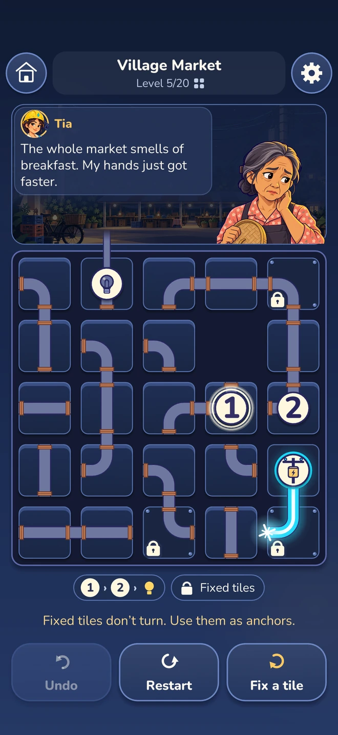 Village Market circuit puzzle with fixed tiles and Martha’s portrait