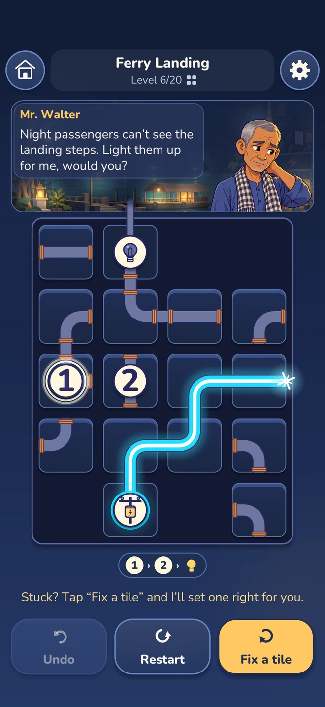 Actual Tia’s Lights gameplay: rotate electric wires through numbered stations to light the ferry landing