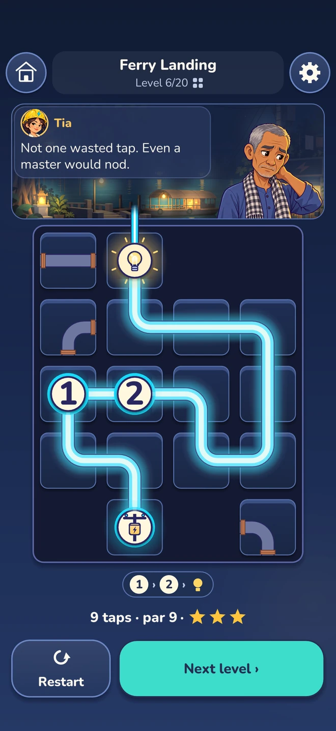 Completed Ferry Landing puzzle with a glowing bulb and three earned stars